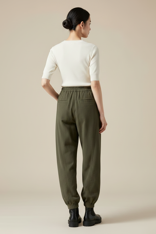 Pantalon Parachute Kaki Ample Décontracté Élastique Femme - Coton - vue 2