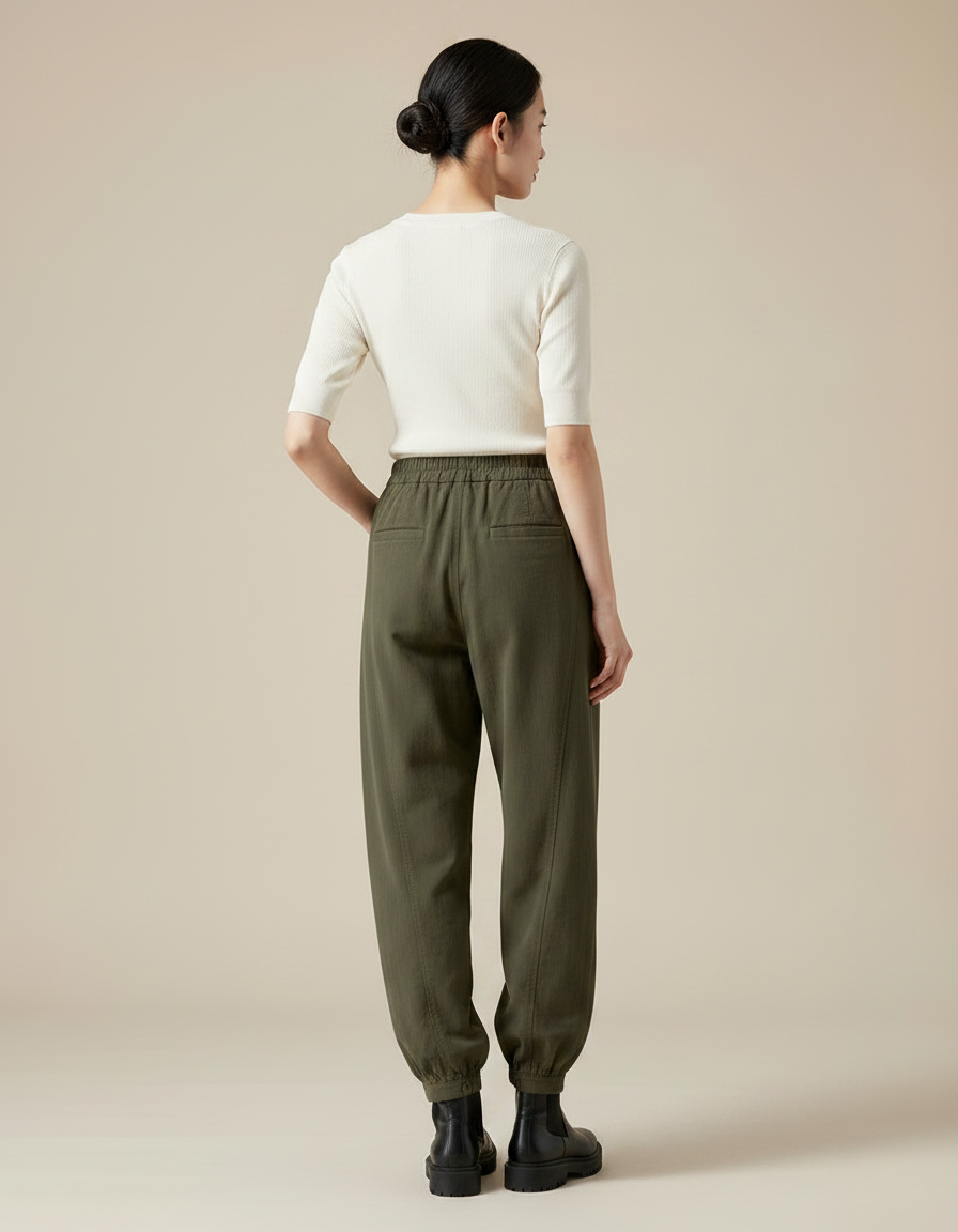 Pantalon Parachute Kaki Ample Décontracté Élastique Femme - Coton - vue 2