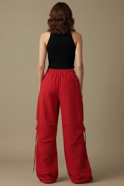 Pantalon Parachute Rouge Ample Taille Haute Streetwear - Polyester - vue 2