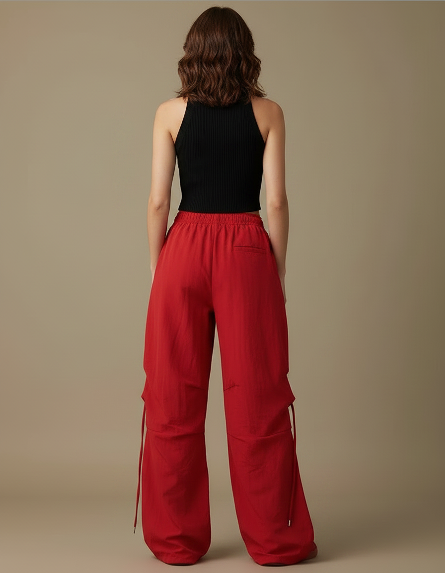 Pantalon Parachute Rouge Ample Taille Haute Streetwear - Polyester - vue 2