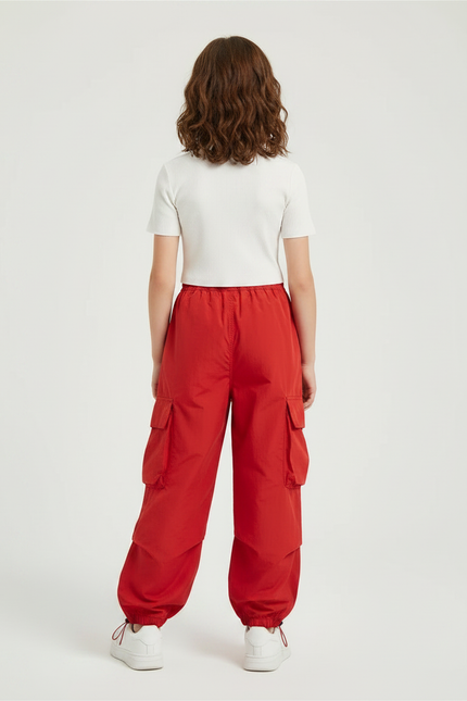 Pantalon Parachute Rouge Cargo Ample Enfants - Polyester - vue 2