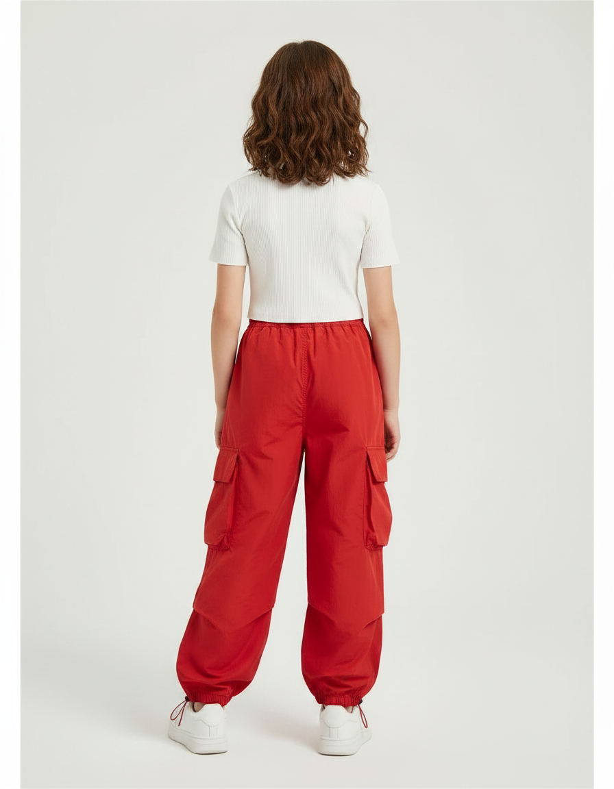 Pantalon Parachute Rouge Cargo Ample Enfants - Polyester - vue 2