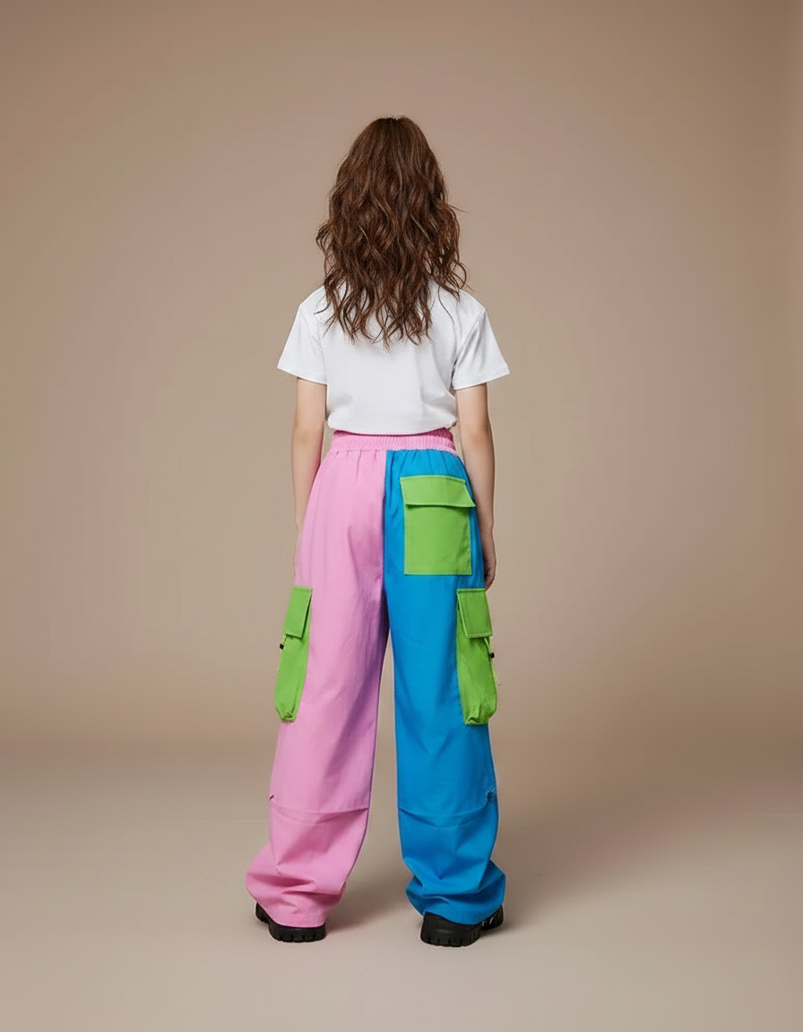 Pantalon Parachute Bicolore Cargo Ample Fille - Multicolore Polyester - vue 2