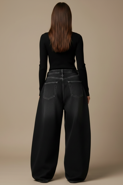 Pantalon Parachute Noir Ample Denim Décontracté Femme Y2K - Jean - vue 2