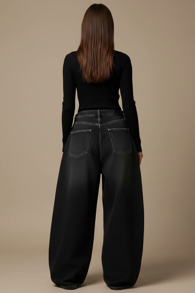 Pantalon Parachute Noir Ample Denim Décontracté Femme Y2K - Jean - vue 2