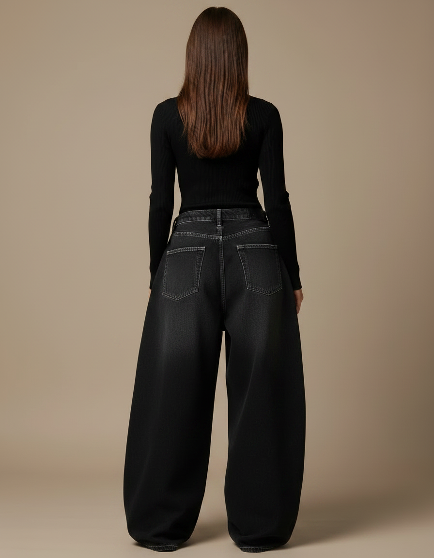 Pantalon Parachute Noir Ample Denim Décontracté Femme Y2K - Jean - vue 2