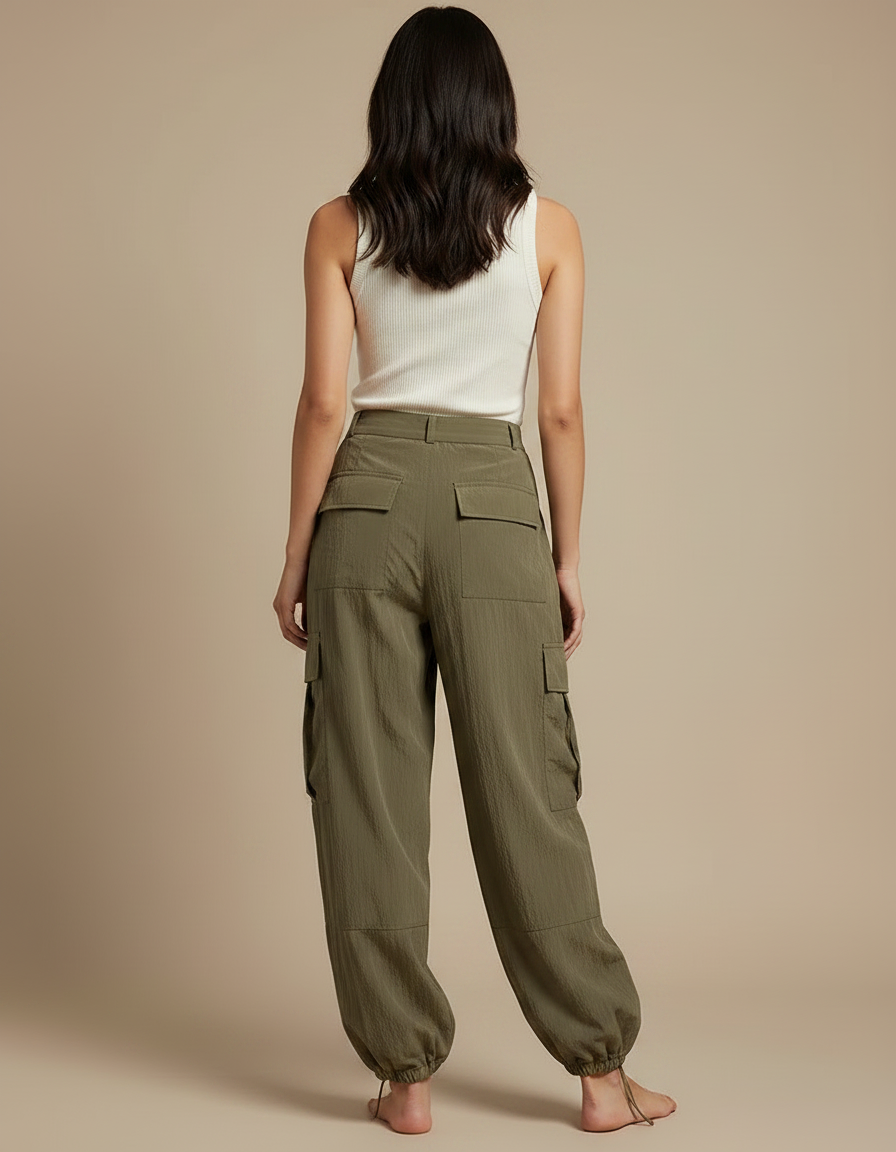 Pantalon Parachute Kaki Ample Cargo Fluide Femme - Polyester - vue 2