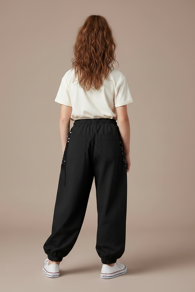 Pantalon Parachute Noir Paillettes Ample Fille - Polyester - vue 2