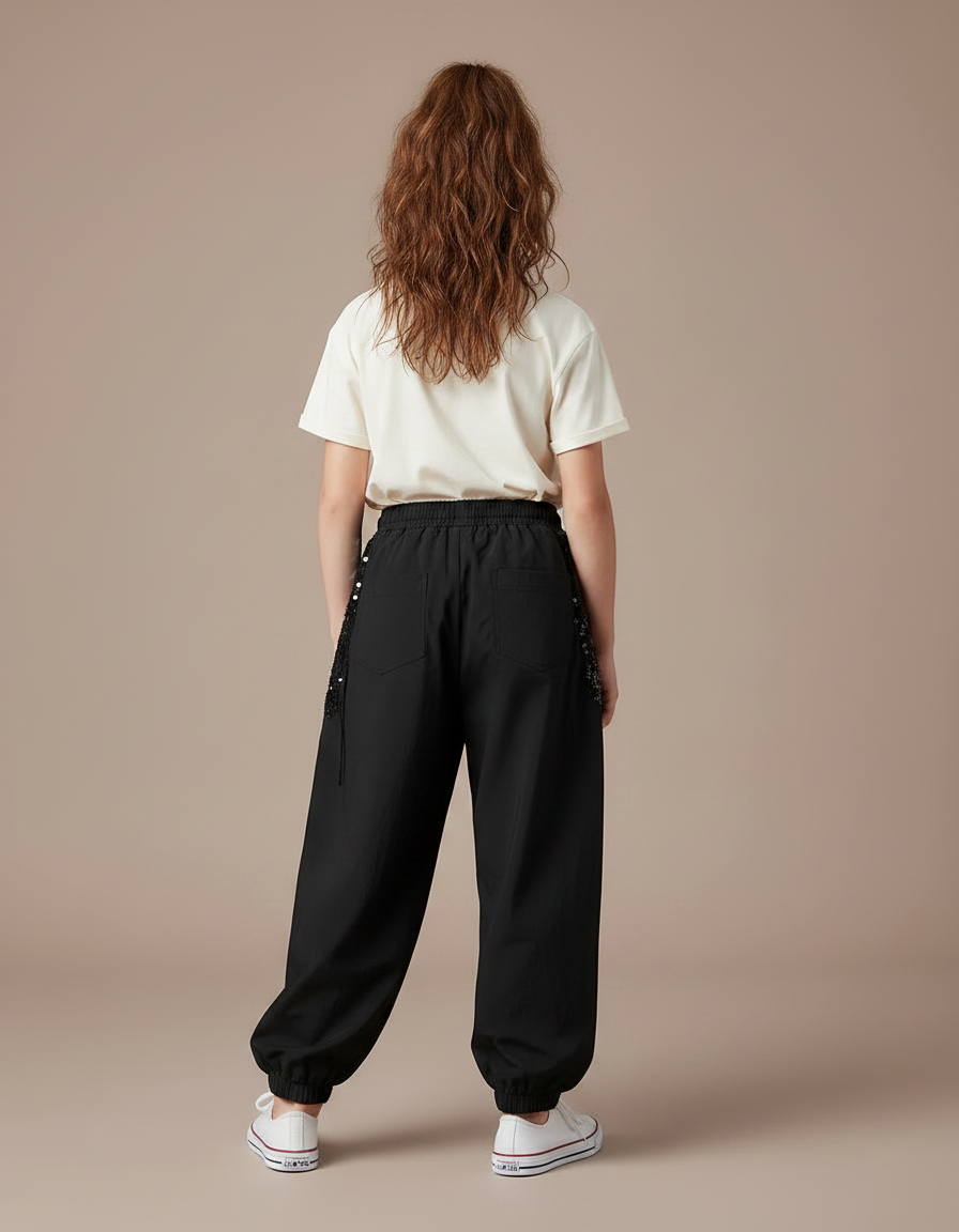 Pantalon Parachute Noir Paillettes Ample Fille - Polyester - vue 2