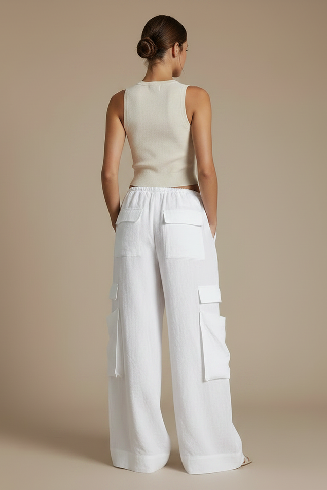 Pantalon Parachute Blanc Ample Lin Cargo Femme - vue 2