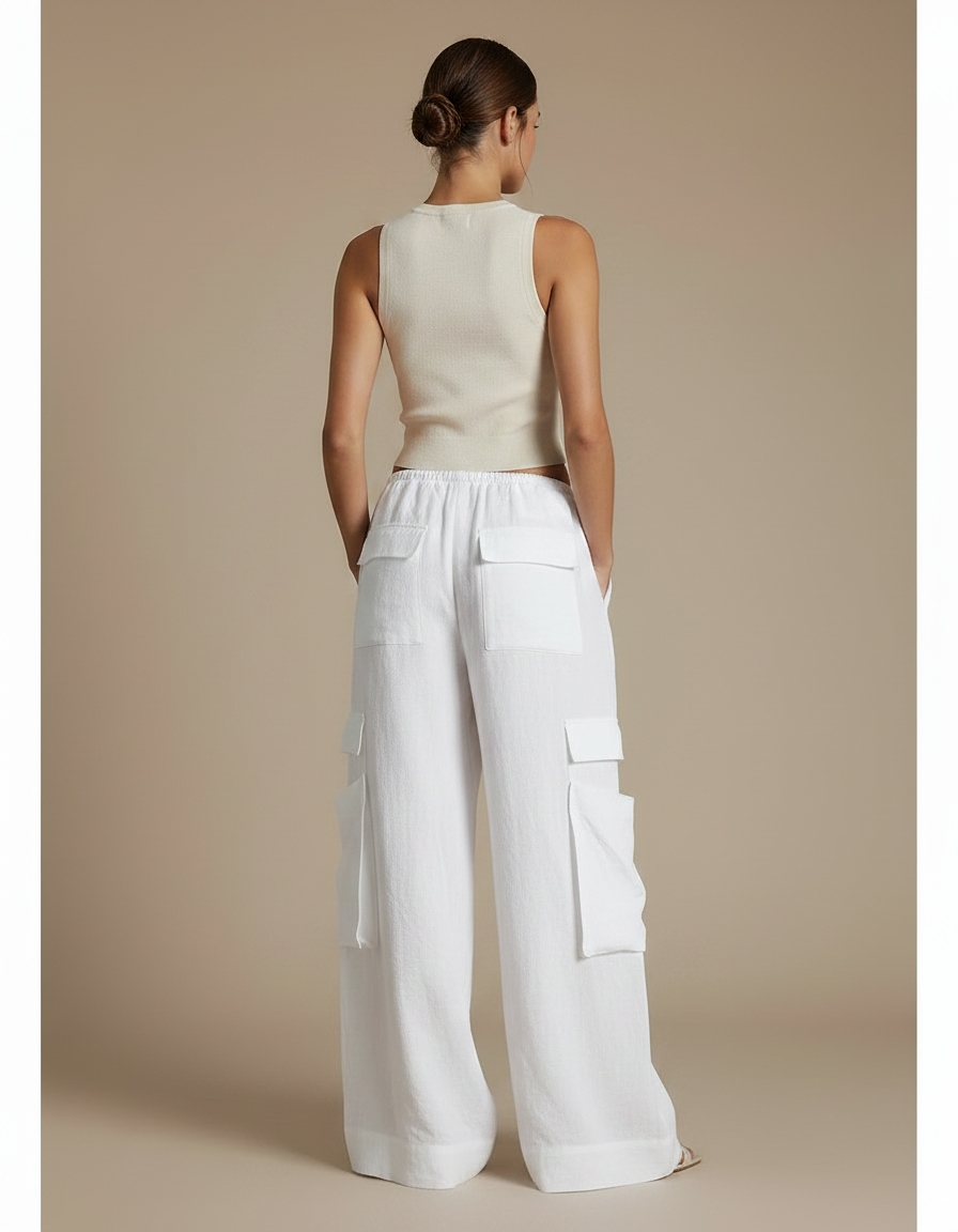 Pantalon Parachute Blanc Ample Lin Cargo Femme - vue 2