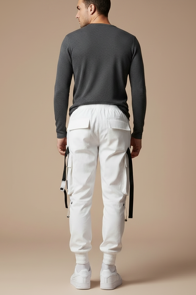 Pantalon Parachute Blanc Cargo Ample Techwear Homme - Toile - vue 2