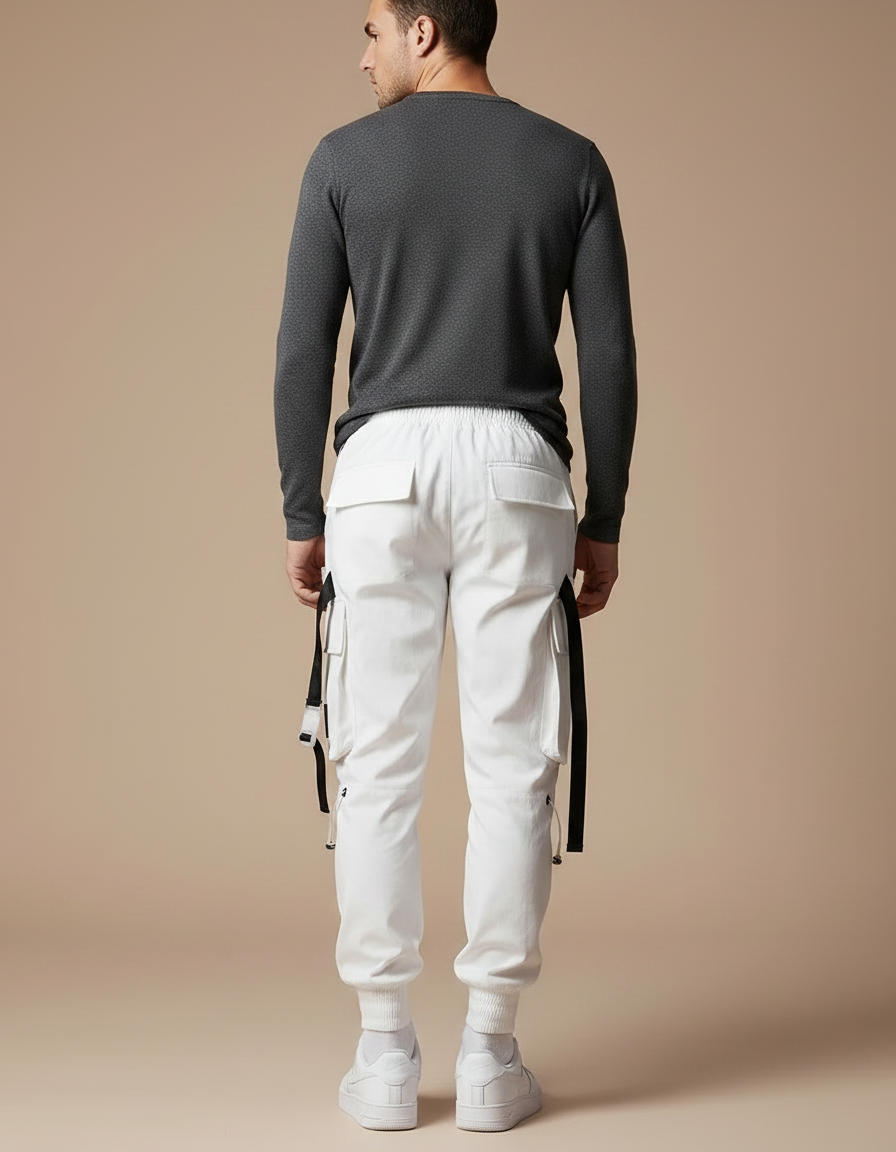 Pantalon Parachute Blanc Cargo Ample Techwear Homme - Toile - vue 2