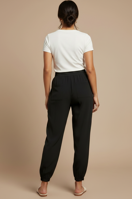 Pantalon Parachute Noir Fluide Cordon Chevilles Élastiquées Femme - Polyester - vue 2