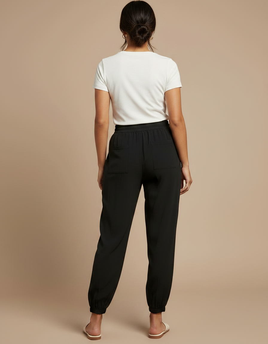 Pantalon Parachute Noir Fluide Cordon Chevilles Élastiquées Femme - Polyester - vue 2