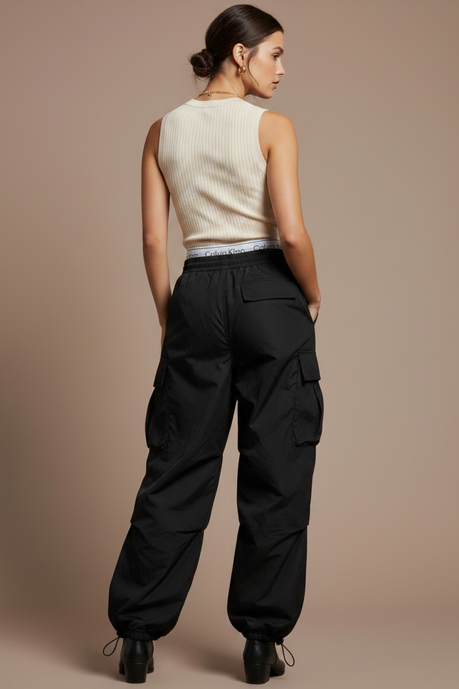 Pantalon Parachute Noir Cargo Ample Streetwear Femme - Polyester - vue 2