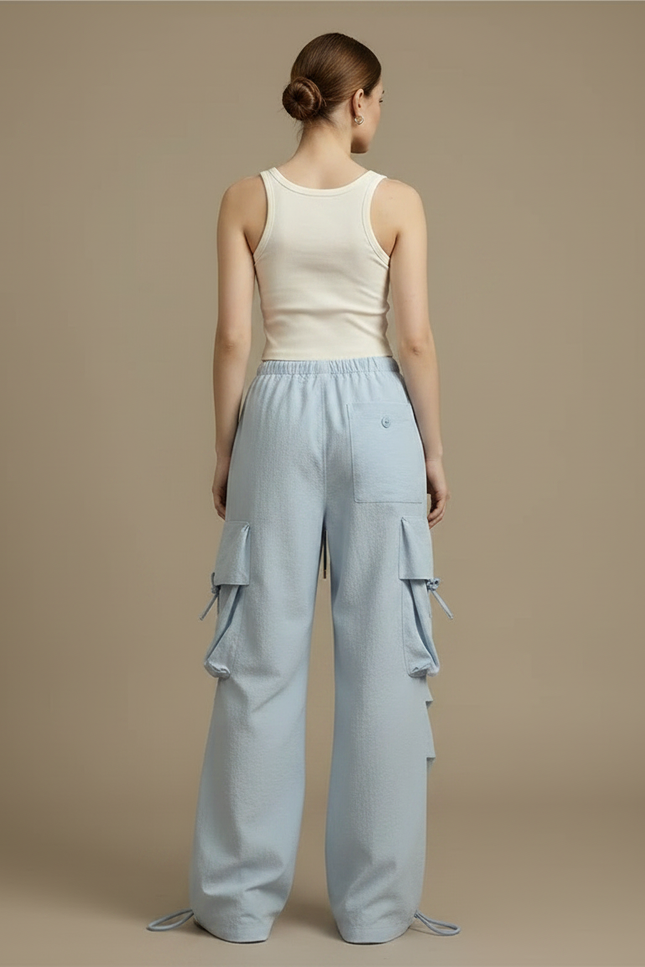 Pantalon Parachute Bleu Ciel Ample Cargo Femme - Polyester - vue 2