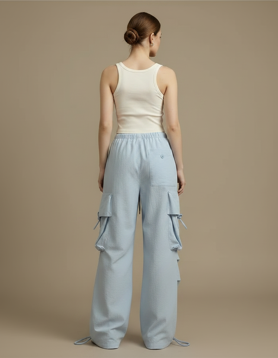 Pantalon Parachute Bleu Ciel Ample Cargo Femme - Polyester - vue 2