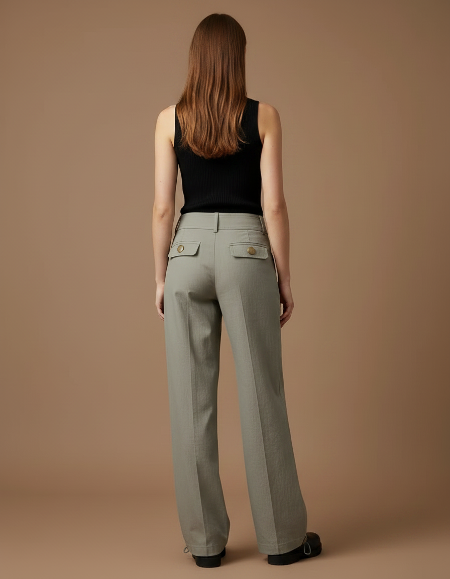 Pantalon Parachute Gris Ample Ceinture Poches Droites - Kaki Gabardine - vue 2