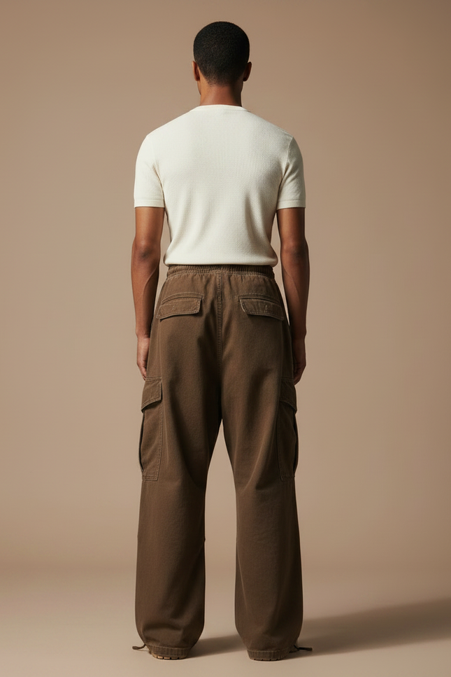 Pantalon Parachute Marron Cargo Ample Coton Homme - vue 2