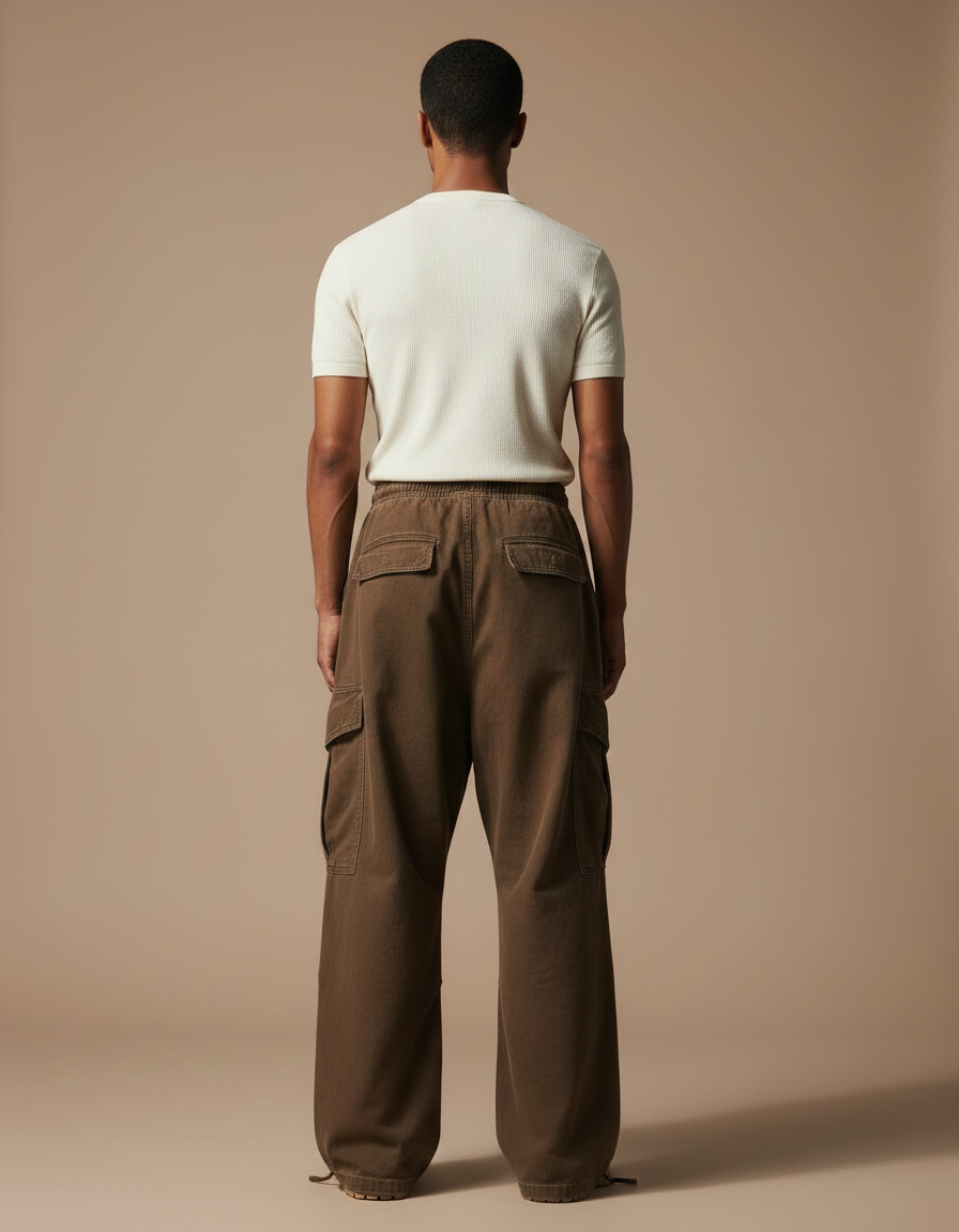 Pantalon Parachute Marron Cargo Ample Coton Homme - vue 2