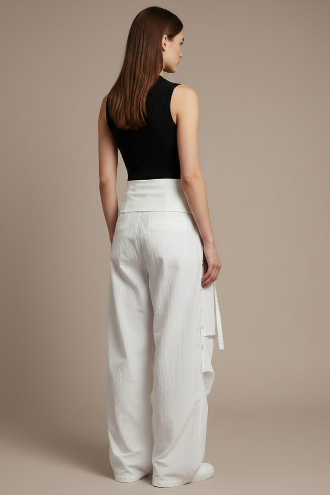 Pantalon Parachute Blanc Ample Taille Basse Décontracté Femme - Coton - vue 2