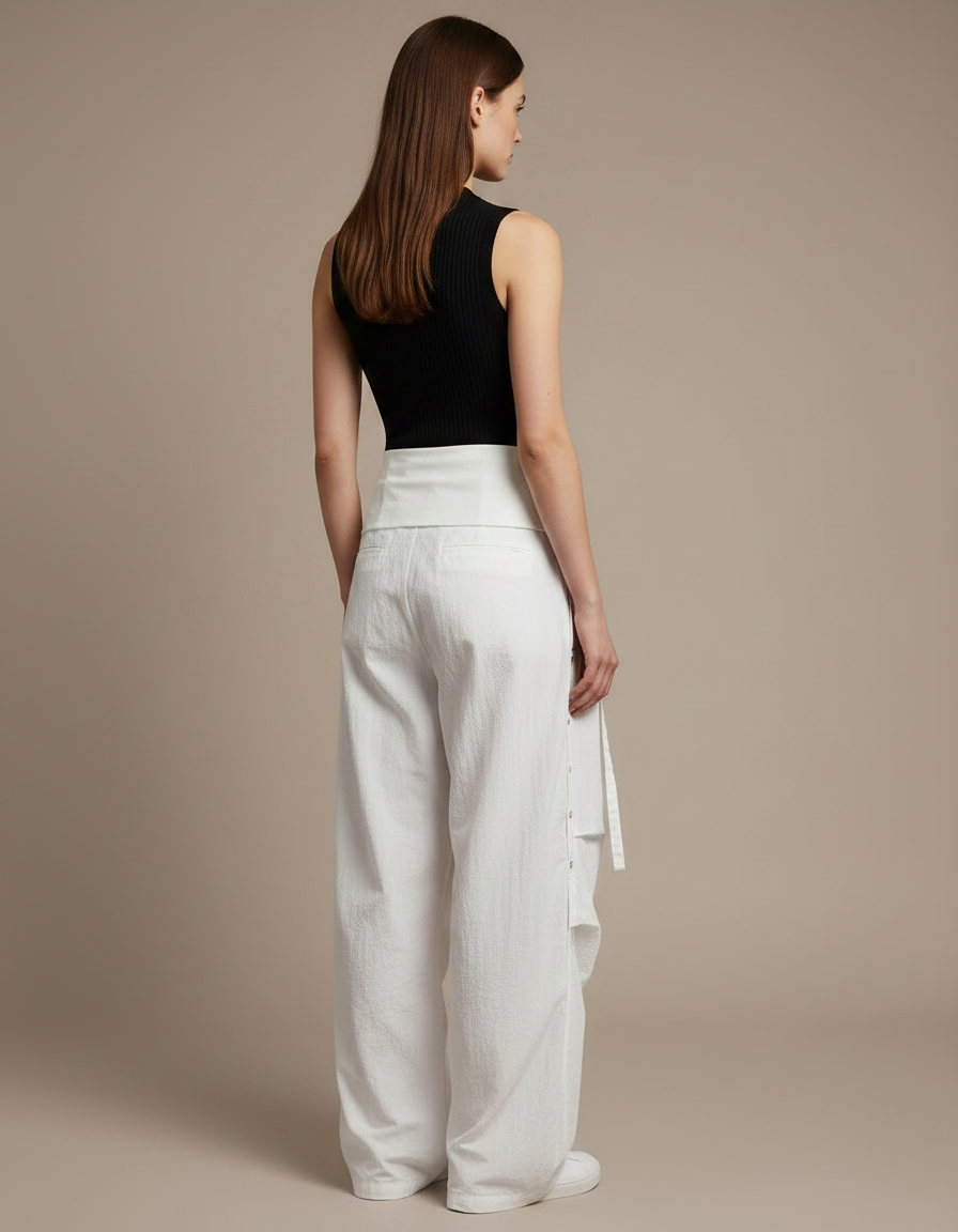 Pantalon Parachute Blanc Ample Taille Basse Décontracté Femme - Coton - vue 2