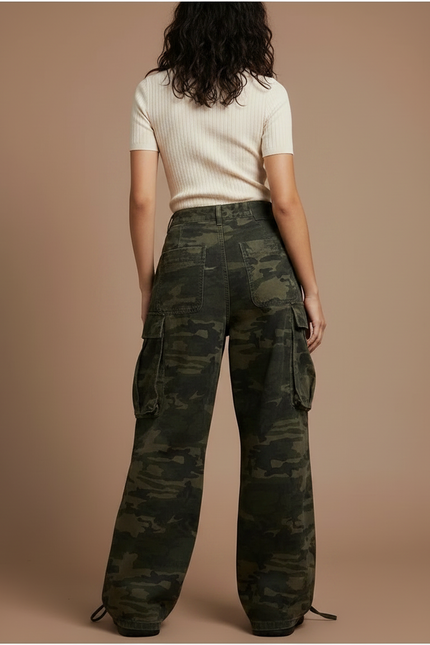 Pantalon Parachute Camouflage Cargo Ample Femme - Kaki Toile - vue 2