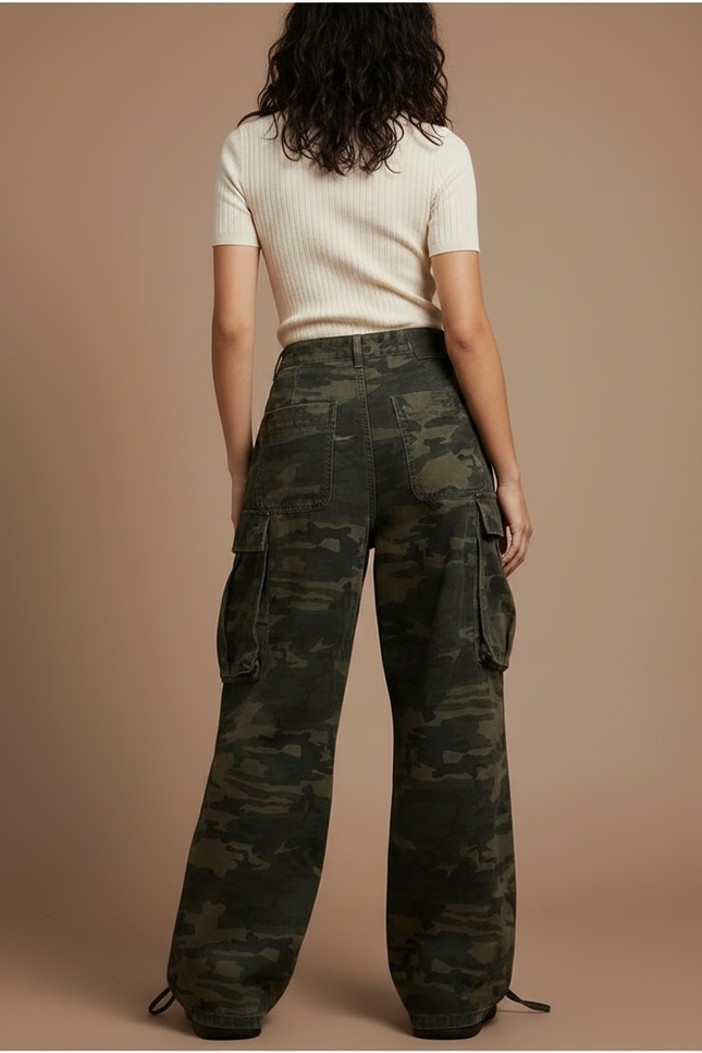 Pantalon Parachute Camouflage Cargo Ample Femme - Kaki Toile - vue 2