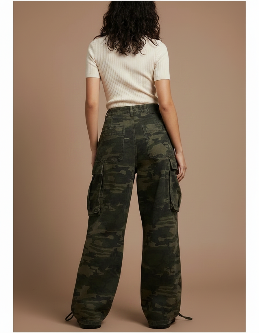 Pantalon Parachute Camouflage Cargo Ample Femme - Kaki Toile - vue 2