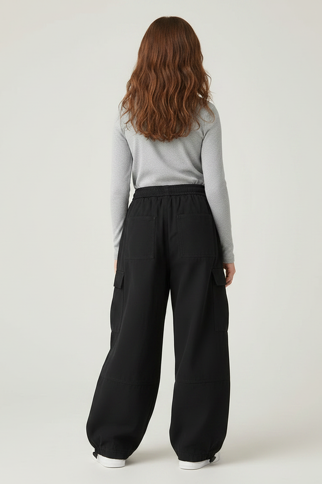 Pantalon Parachute Noir Ample Cargo Urbain Fille - Polyester - vue 2
