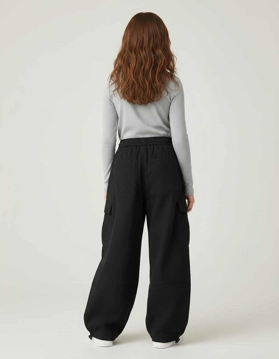 Pantalon Parachute Noir Ample Cargo Urbain Fille - Polyester - vue 2