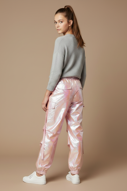 Pantalon Parachute Rose Holographique Cargo Ample Femme - Polyester - vue 2