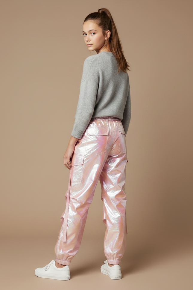 Pantalon Parachute Rose Holographique Cargo Ample Femme - Polyester - vue 2