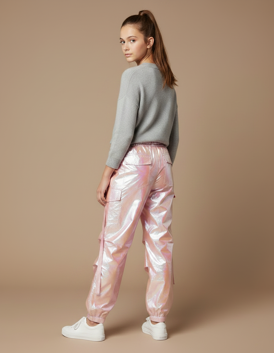 Pantalon Parachute Rose Holographique Cargo Ample Femme - Polyester - vue 2