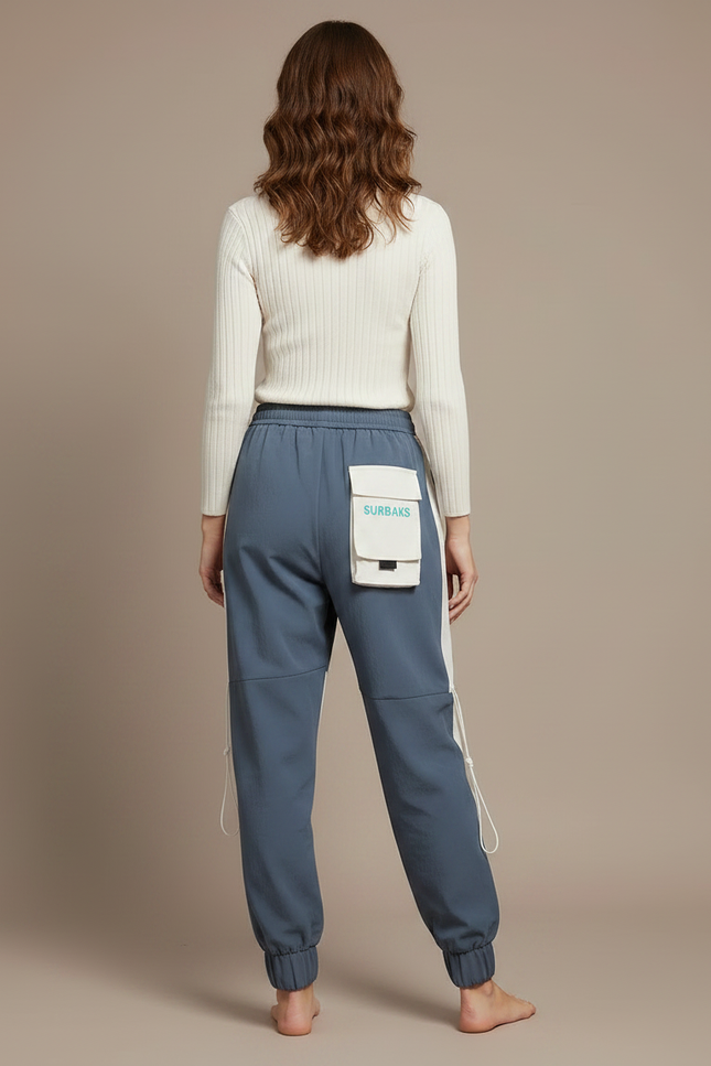 Pantalon Parachute Bicolore Cargo Streetwear Cordon Ample - Bleu Polyester - vue 2