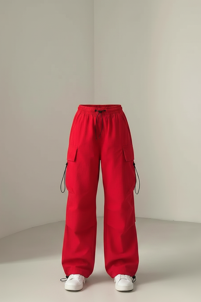 Pantalon Parachute Rouge Ample Cordon Fille - Polyester - vue 3