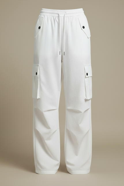 Pantalon Parachute Blanc Cargo Ample Taille Haute Femme - Toile - vue 3