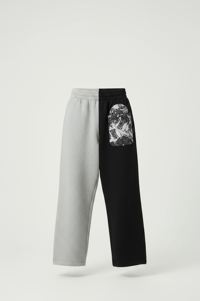 Pantalon Parachute Bicolore Ample Brodé Streetwear - Multicolore Molleton - vue 3