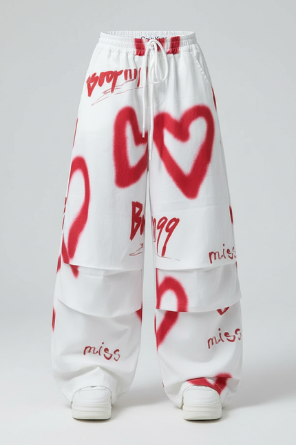 Pantalon Parachute Blanc Cœurs Rouges Graffiti Ample - Toile - vue 2