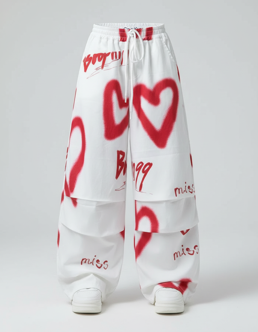 Pantalon Parachute Blanc Cœurs Rouges Graffiti Ample - Toile - vue 2