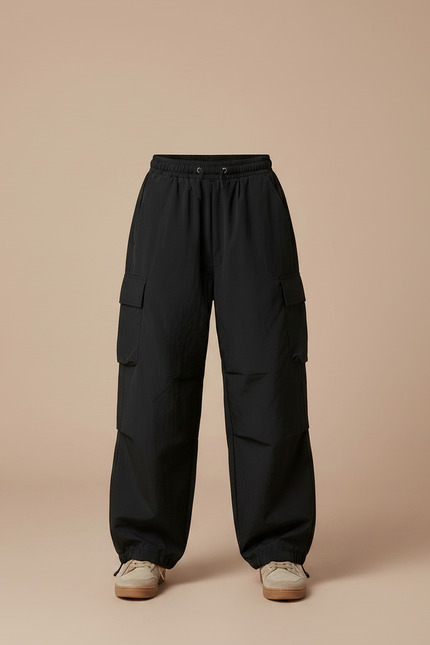 Pantalon Parachute Noir Ample Cargo Cordon Unisexe - Polyester - vue 3
