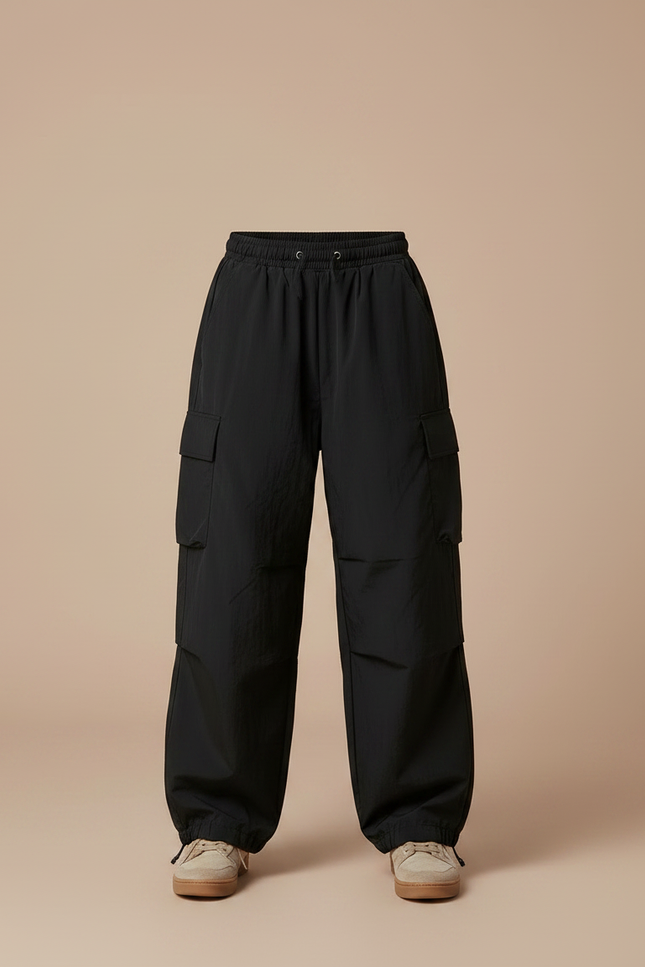 Pantalon Parachute Noir Ample Cargo Cordon Unisexe - Polyester - vue 3