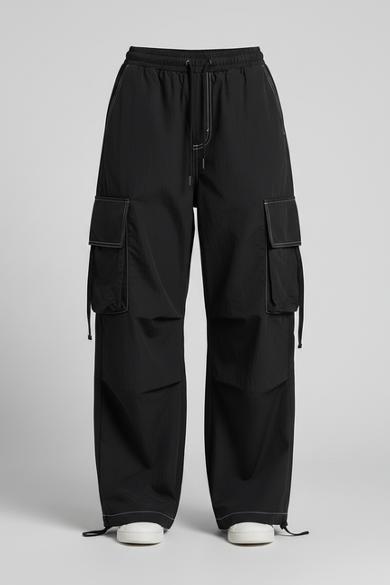 Pantalon Parachute Noir Cargo Ample Femme Décontracté - Polyester - vue 3