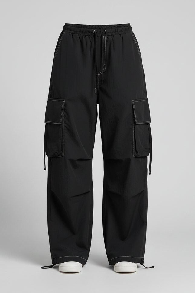 Pantalon Parachute Noir Cargo Ample Femme Décontracté - Polyester - vue 3