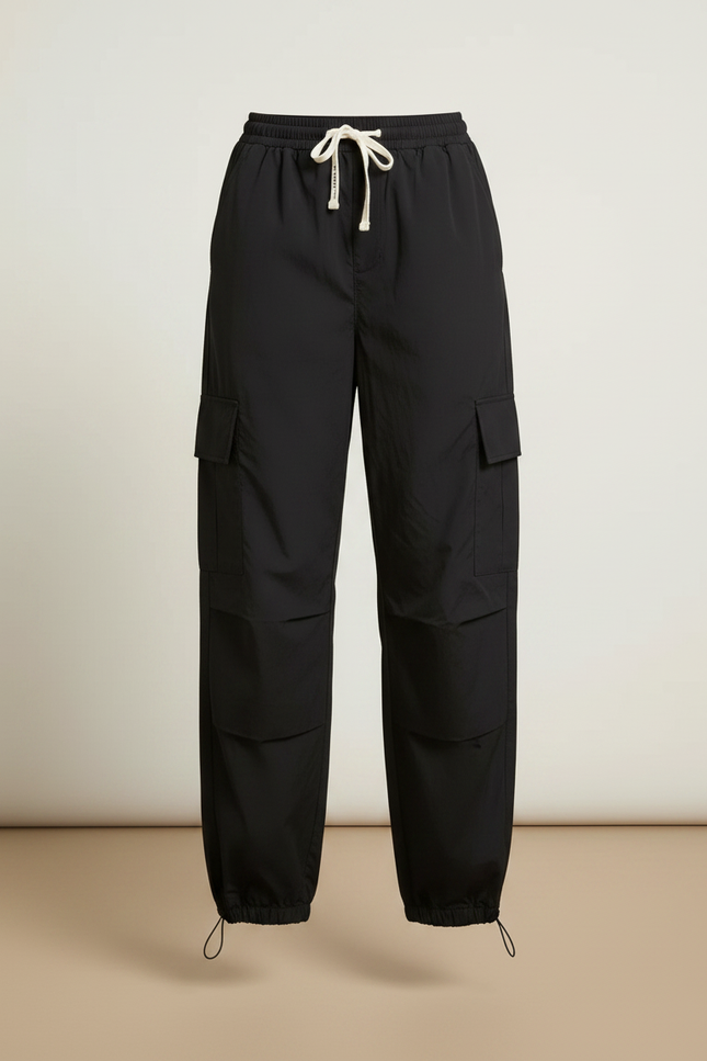 Pantalon Parachute Noir Cargo Fluide Cordon Femme - Polyester - vue 3