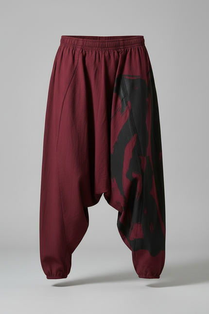 Pantalon Parachute Bordeaux Ample Coton Lin Imprimé - vue 3