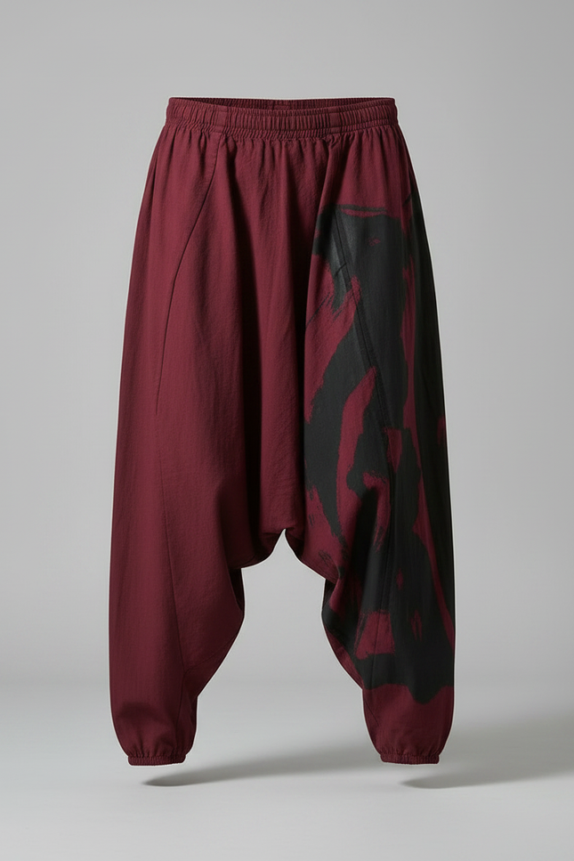 Pantalon Parachute Bordeaux Ample Coton Lin Imprimé - vue 3