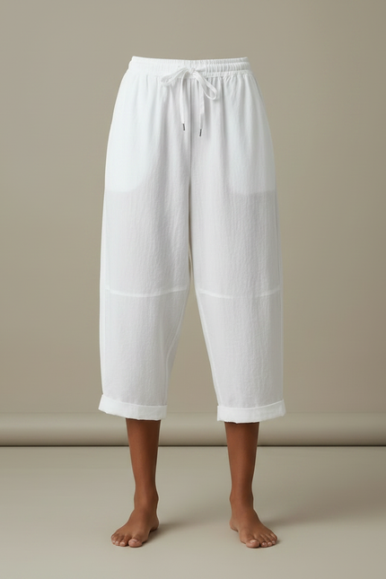 Pantalon Parachute Blanc Coton Lin Ample Décontracté Cordon - vue 3