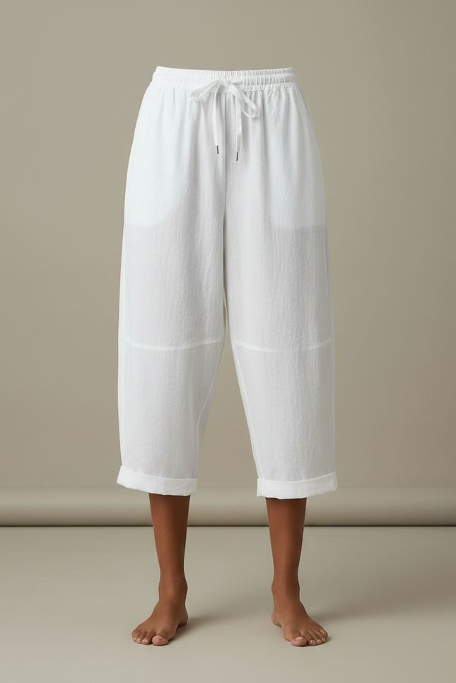 Pantalon Parachute Blanc Coton Lin Ample Décontracté Cordon - vue 3